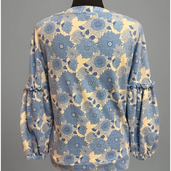 Kate Quinn Blouse Large Womens Organic Cotton Peasant Top White Blue Floral Twee - Picture 4 of 8